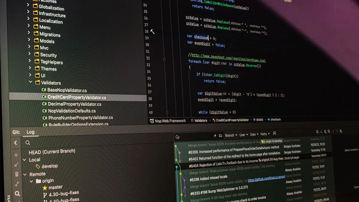 Software development code editor open on a computer monitor