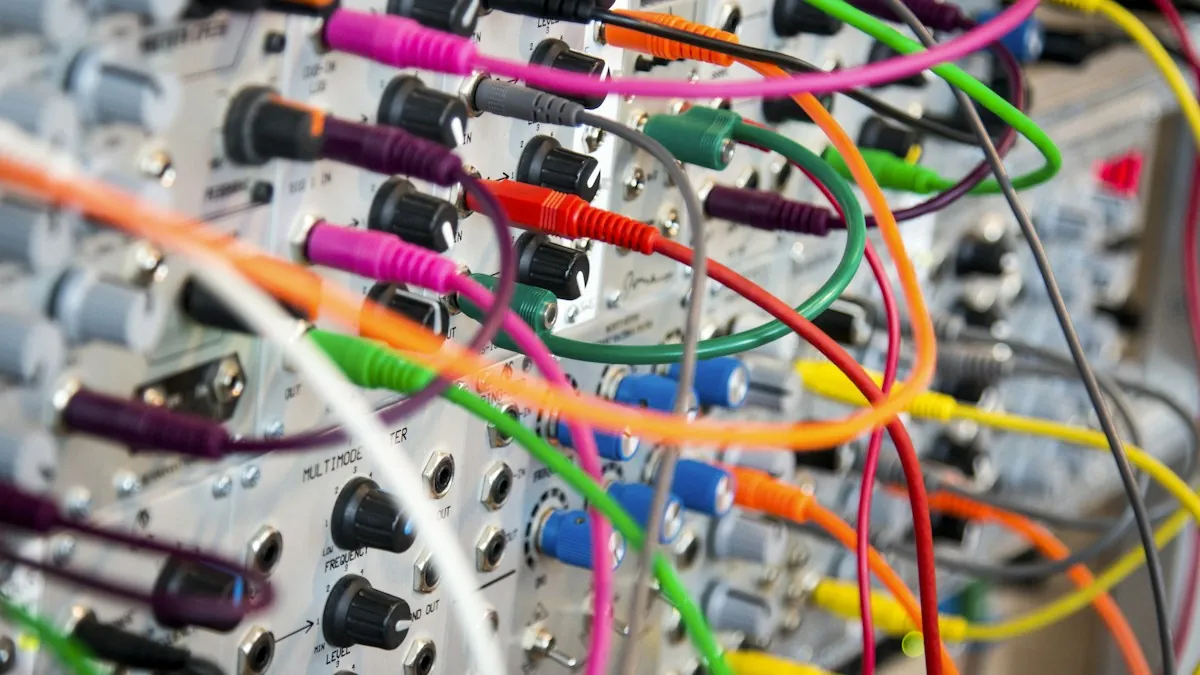 A tangle of coloured patch cables
