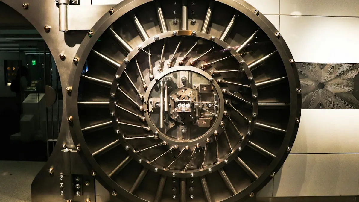 The round steel door of a vault