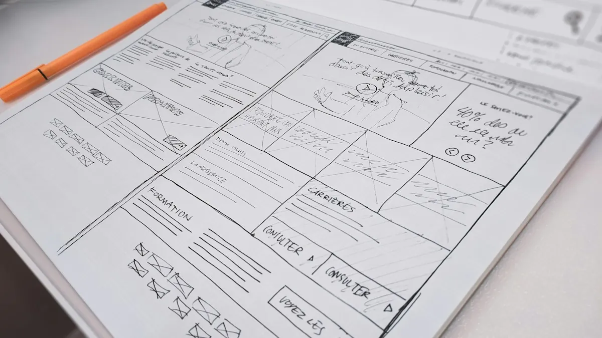 A hand-drawn website wireframe on paper