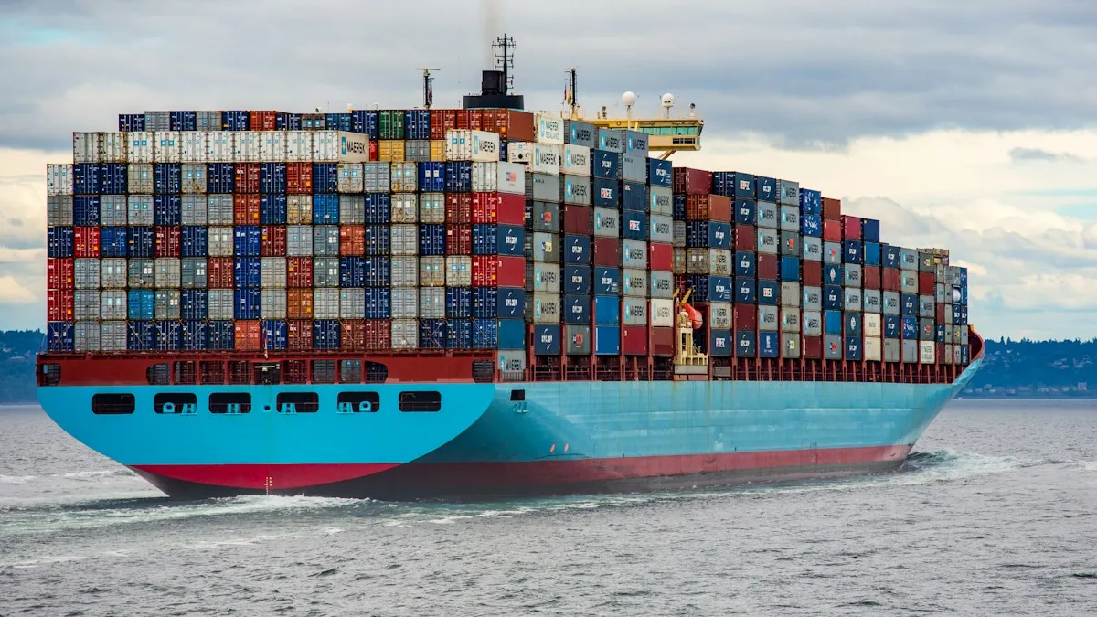 A container ship loaded with stacked containers at sea