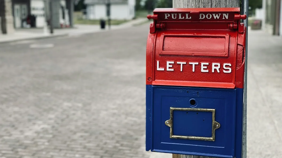 A red and blue post box labelled letters