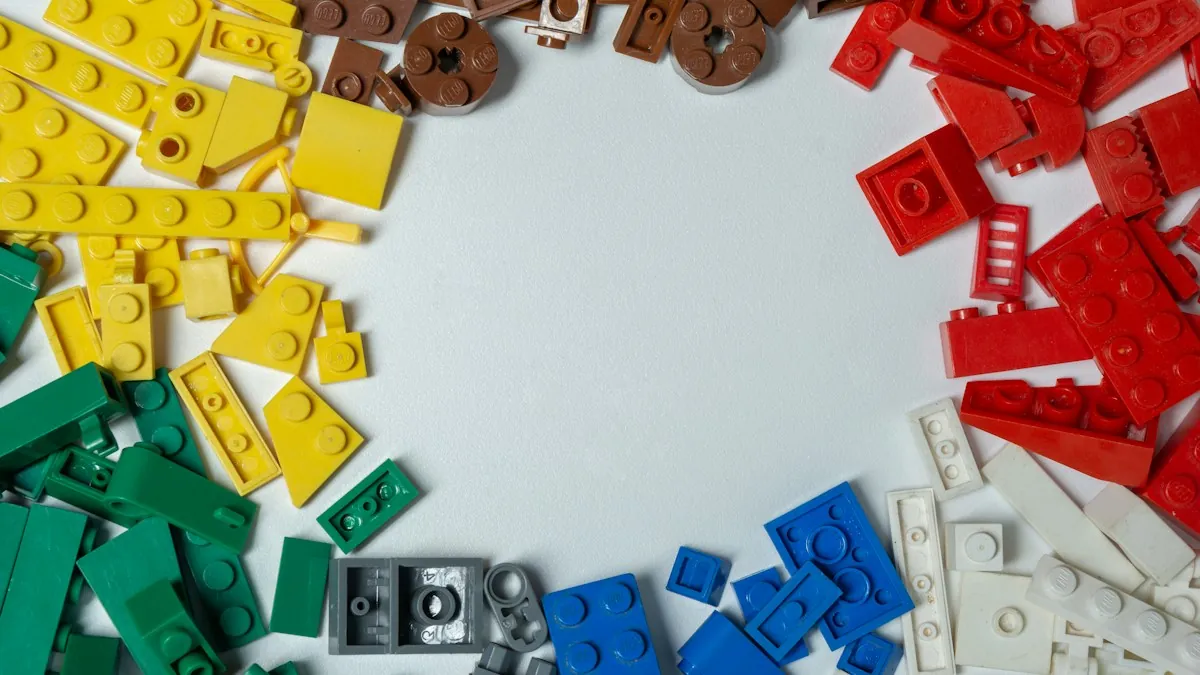 Building bricks sorted by colour around an empty space