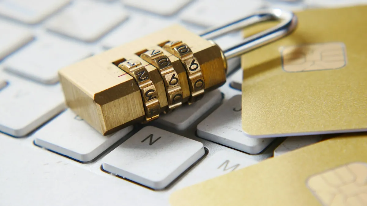 A combination padlock resting on a computer keyboard