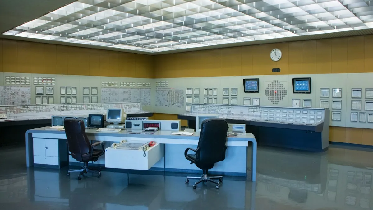 A control room with a desk in front of wall panels