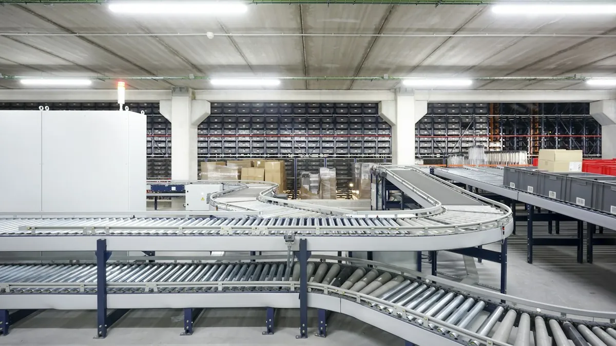 A conveyor belt running through a warehouse
