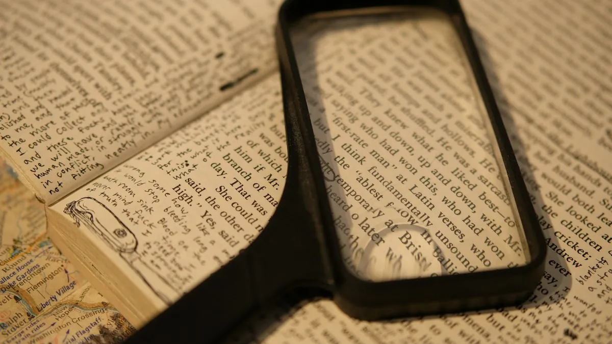 A magnifying glass over a page of printed text